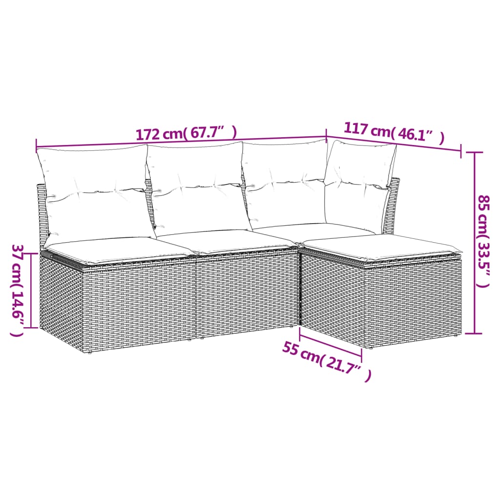 4 pcs conjunto de sofás para jardim c/ almofadões vime PE bege