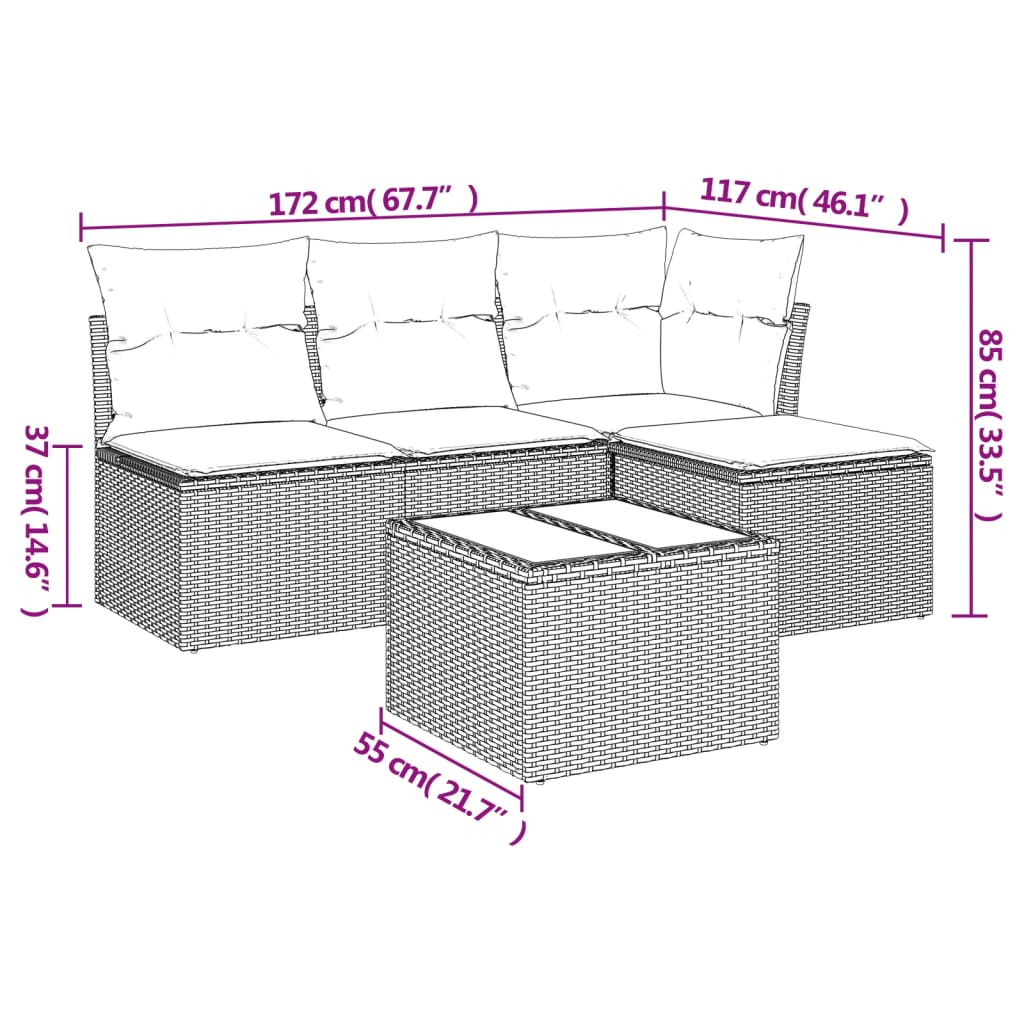 5 pcs conj. sofás jardim c/ almofadões vime PE cinzento-claro