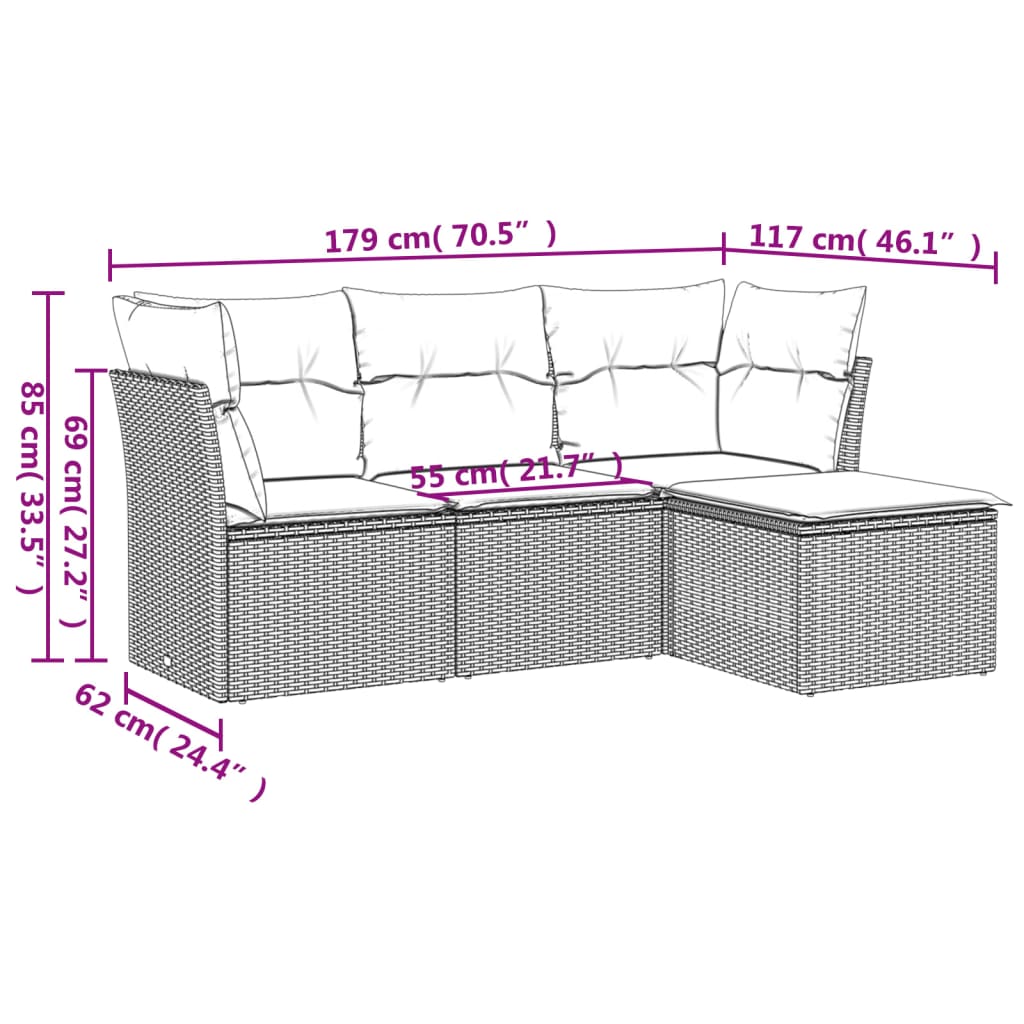 4 pcs conj. sofás jardim c/ almofadões vime PE cinzento-claro