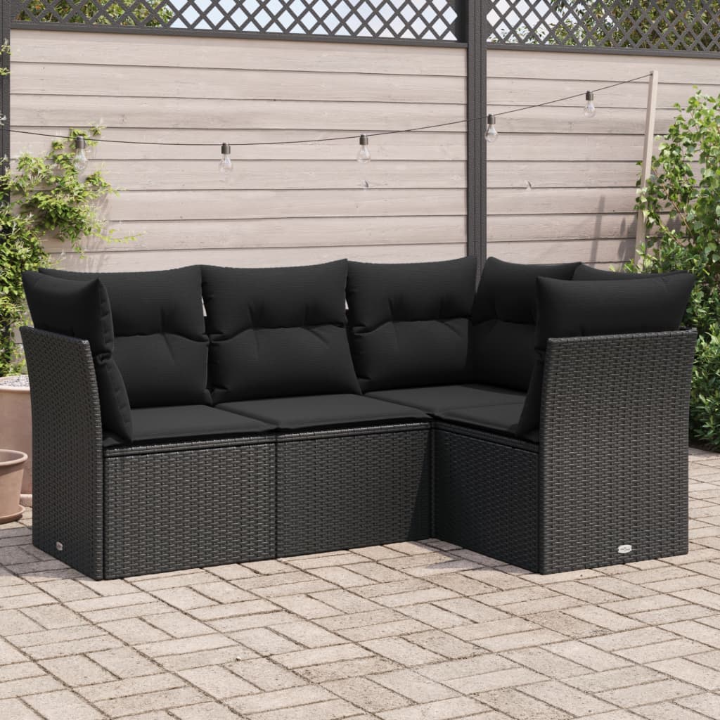 4 pcs conjunto de sofás para jardim c/ almofadões vime PE preto