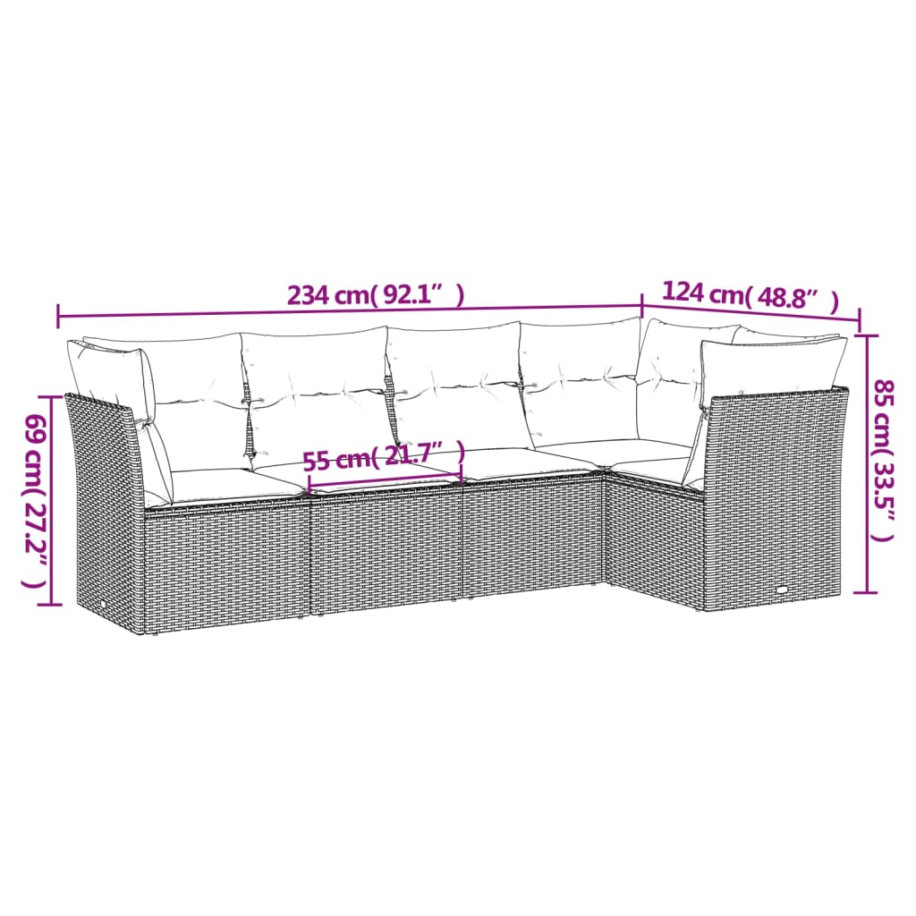 5 pcs conjunto sofás de jardim com almofadões vime PE preto