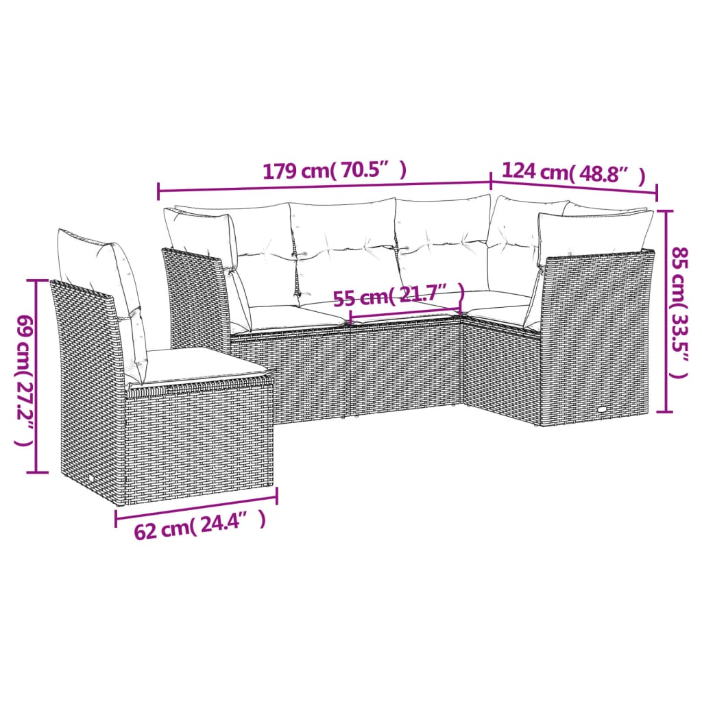 5 pcs conj. sofás jardim c/ almofadões vime PE cinzento-claro