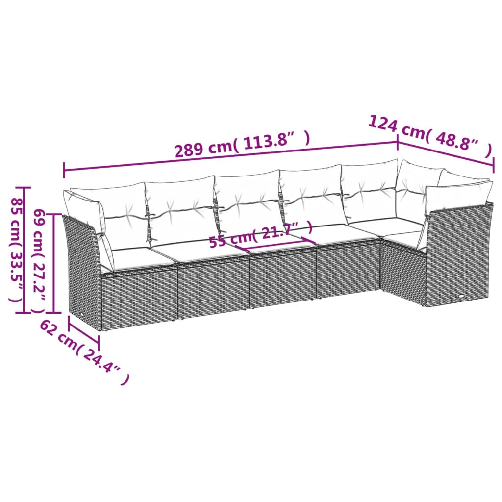 6 pcs conjunto de sofás p/ jardim com almofadões vime PE bege