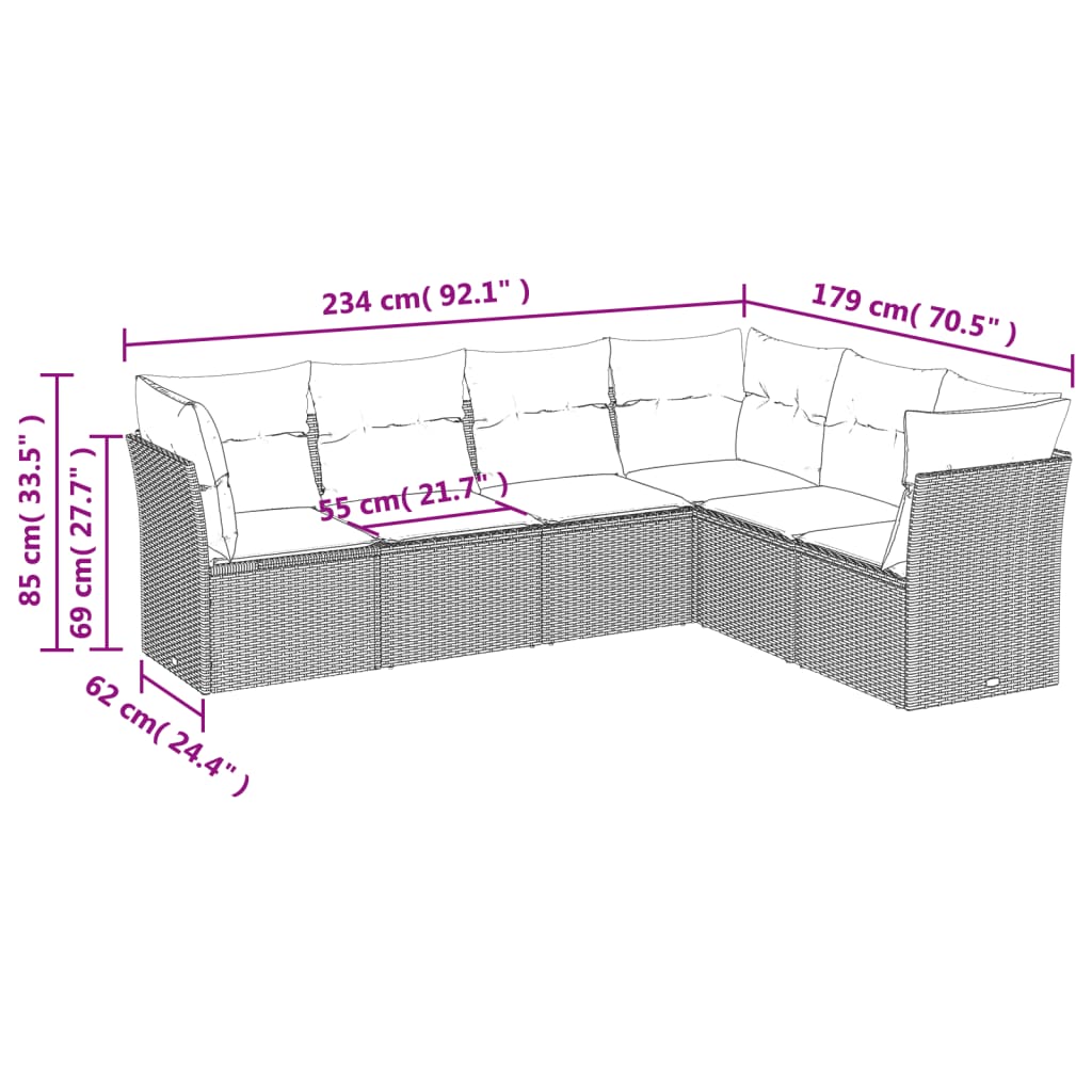 6 pcs conjunto de sofás p/ jardim com almofadões vime PE bege