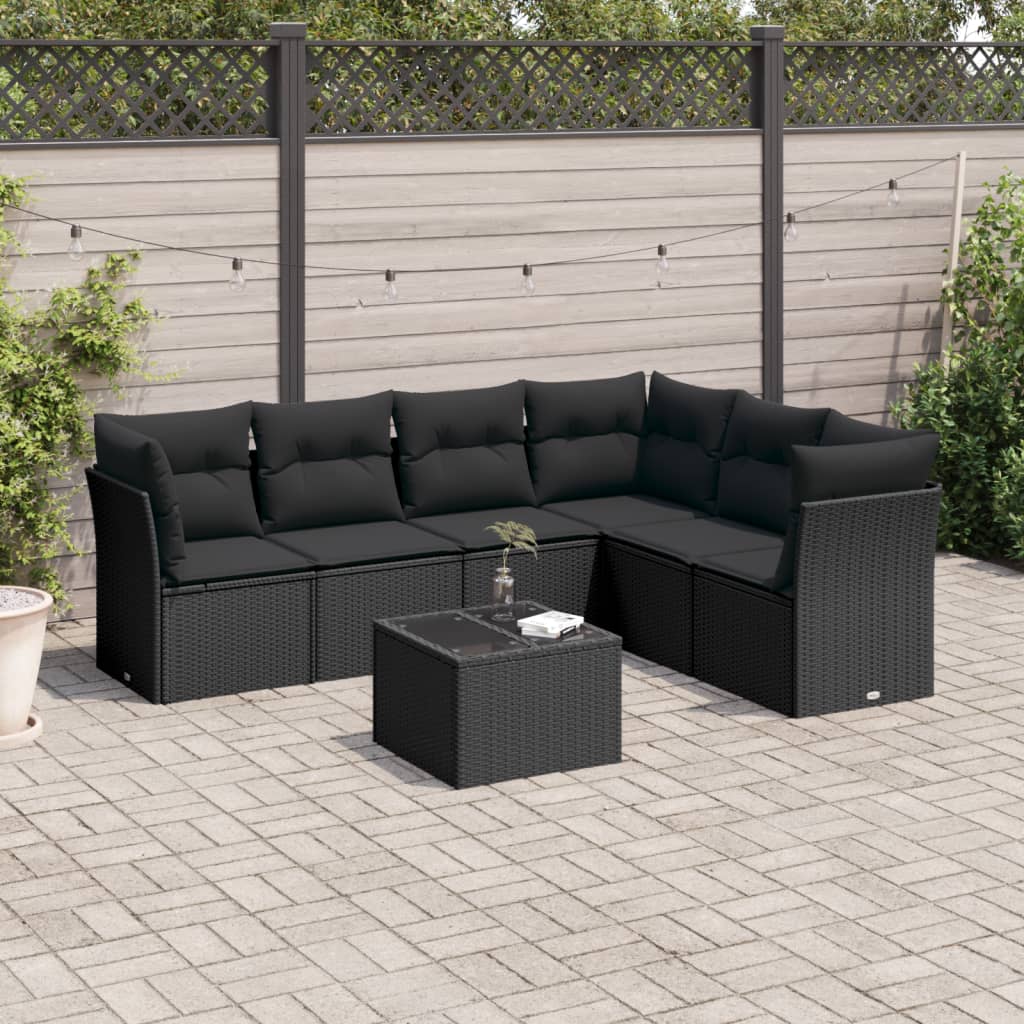 7 pcs conjunto de sofás p/ jardim c/ almofadões vime PE preto