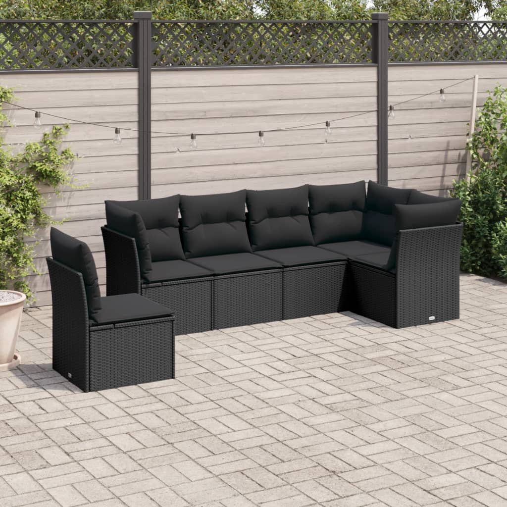 6 pcs conjunto sofás de jardim c/ almofadões vime PE preto