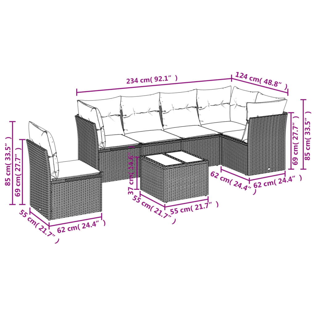 7 pcs conj. sofás jardim com almofadões vime PE cinzento-claro