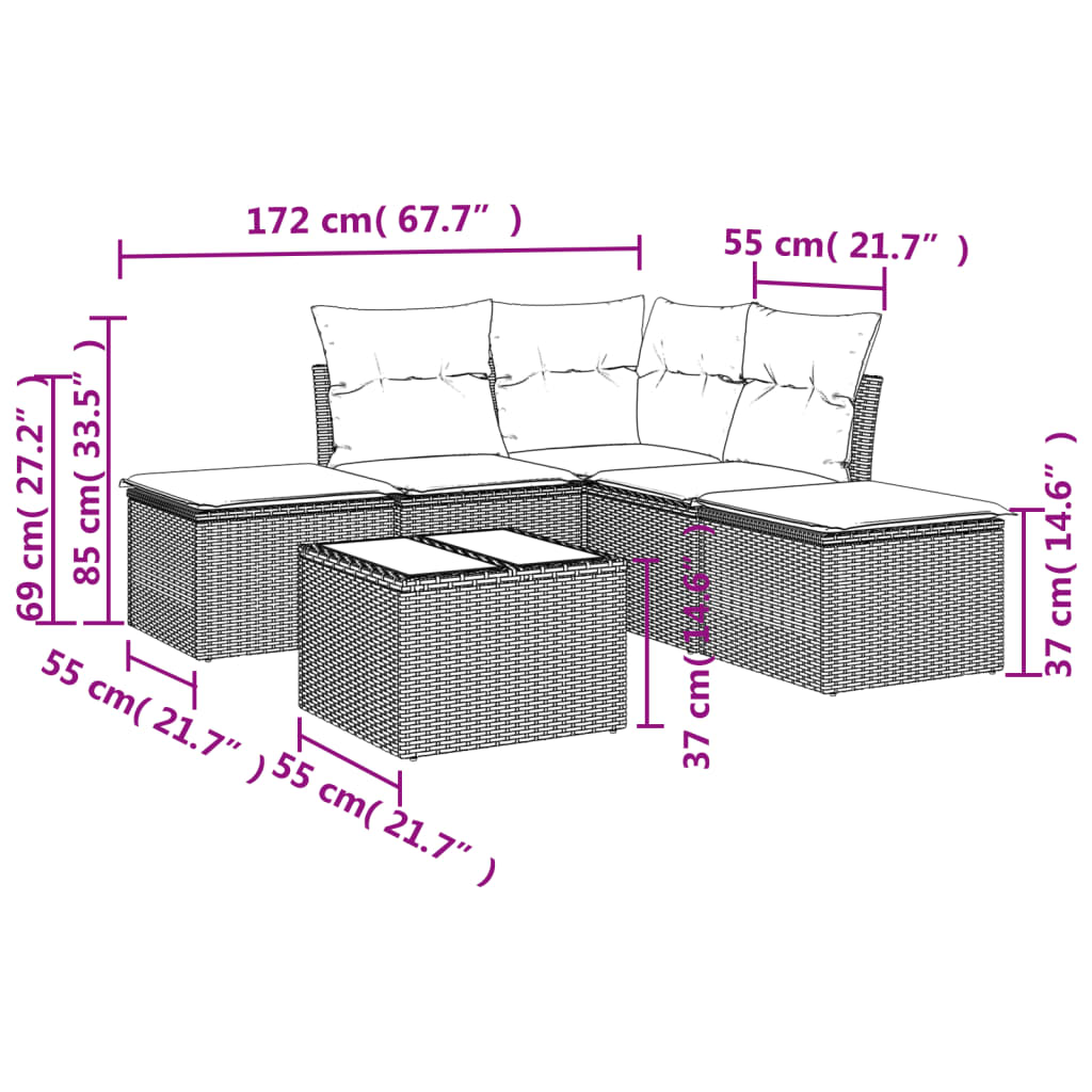 6 pcs conjunto sofás de jardim c/ almofadões vime PE preto