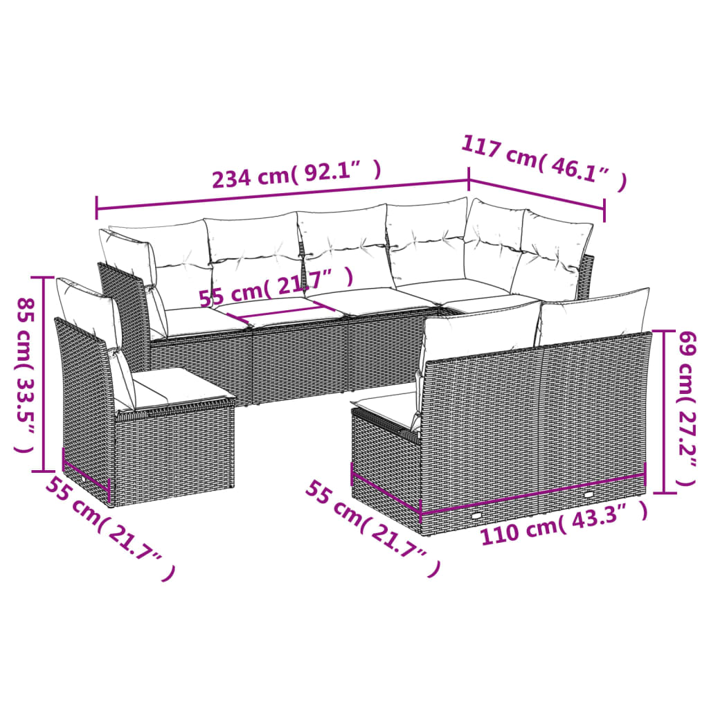 8 pcs conjunto sofás de jardim com almofadões vime PE preto