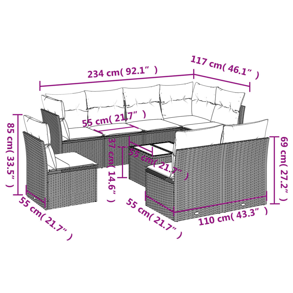 9 pcs conjunto de sofás p/ jardim c/ almofadões vime PE preto