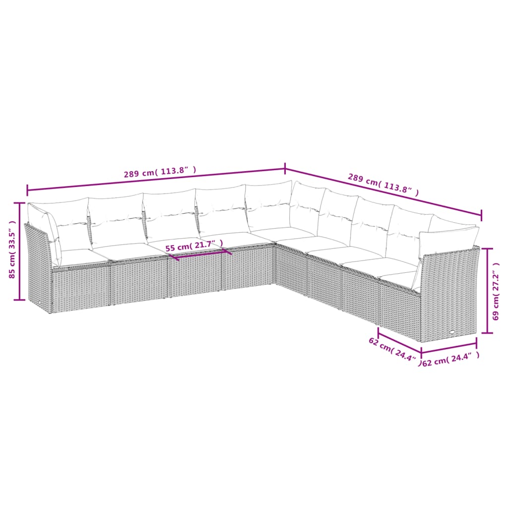 9 pcs conjunto de sofás p/ jardim c/ almofadões vime PE preto