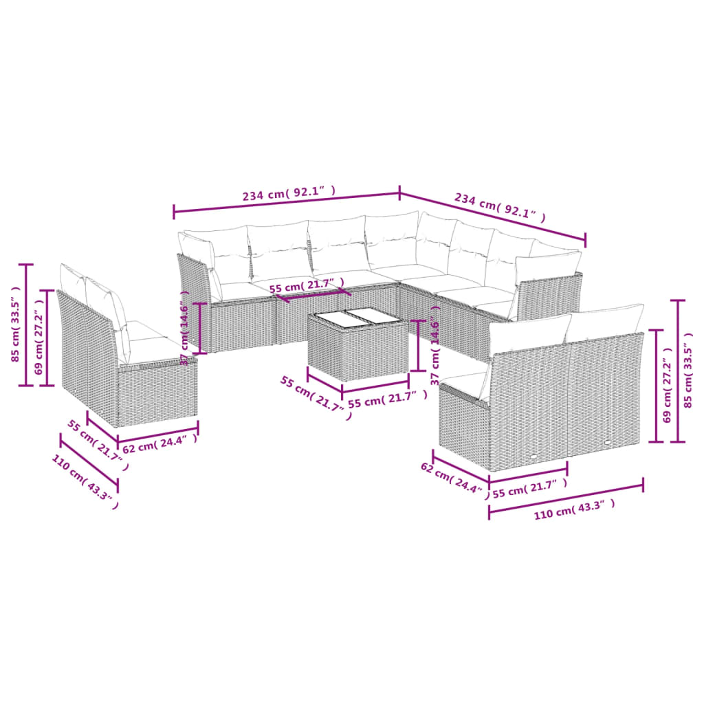 12 pcs conjunto de sofás de jardim c/ almofadões vime PE preto