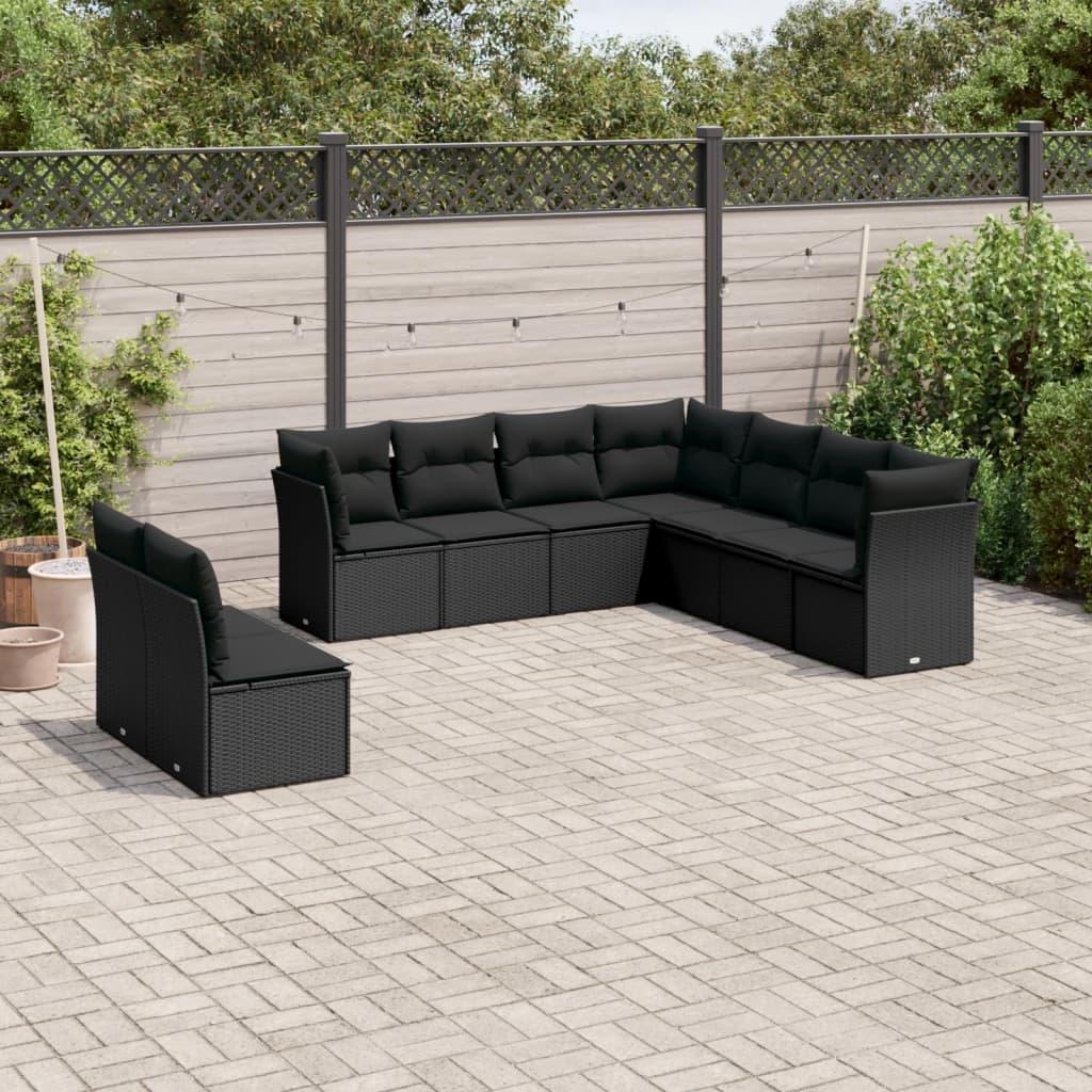 9 pcs conjunto de sofás p/ jardim c/ almofadões vime PE preto