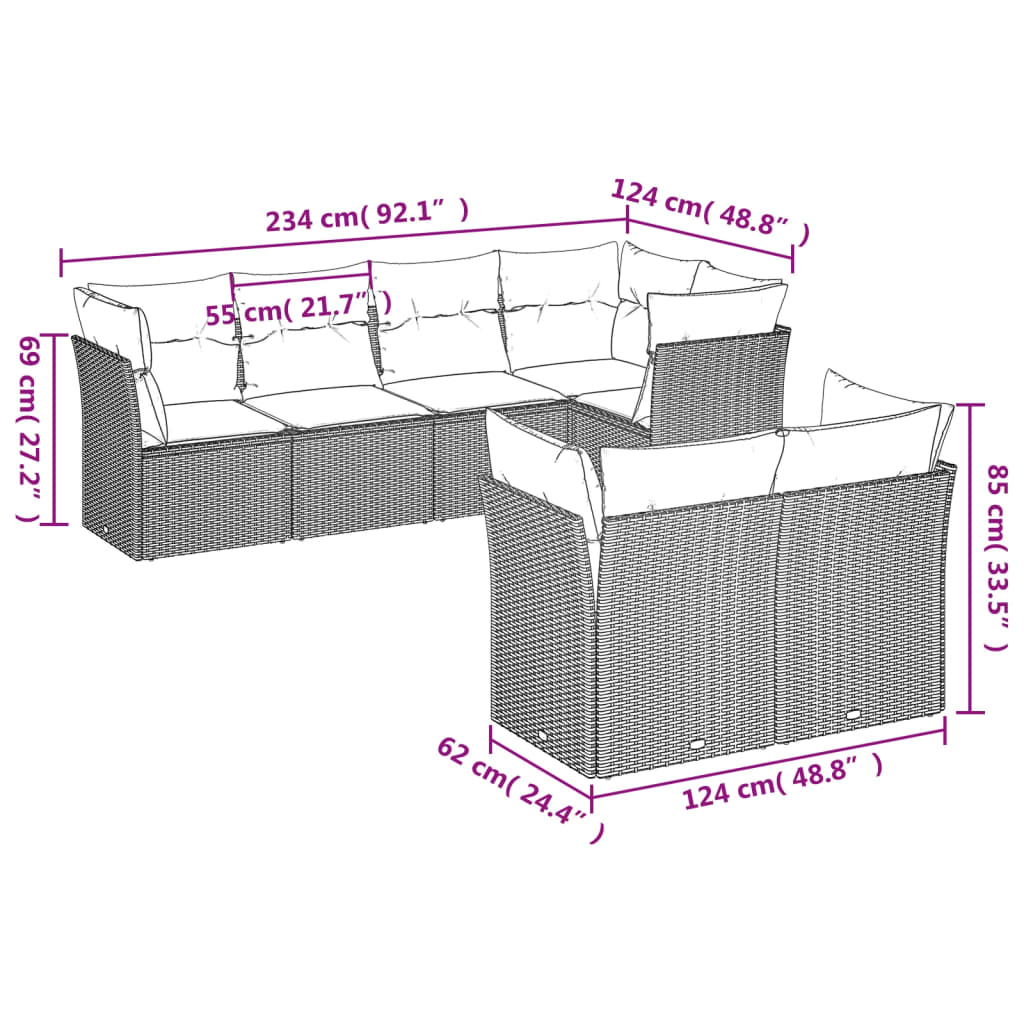 7 pcs conjunto de sofás p/ jardim c/ almofadões vime PE preto