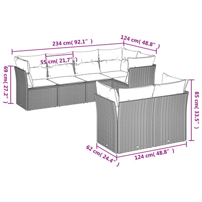 7 pcs conjunto de sofás p/ jardim c/ almofadões vime PE preto