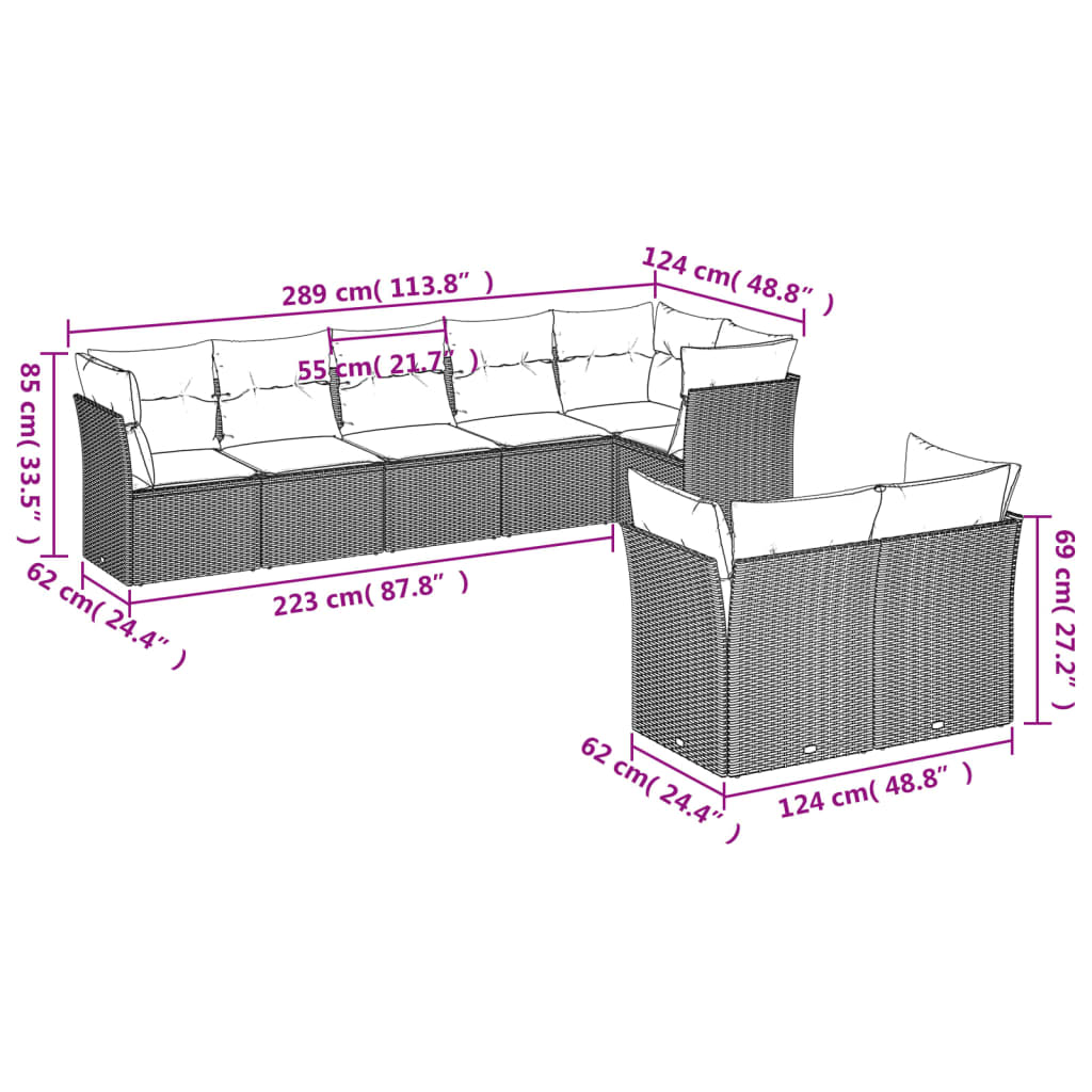 8 pcs conjunto sofás de jardim c/ almofadões vime PE cinzento