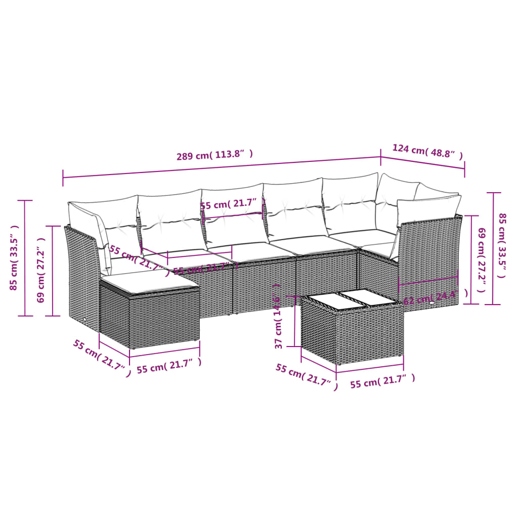 8 pcs conjunto sofás de jardim com almofadões vime PE preto