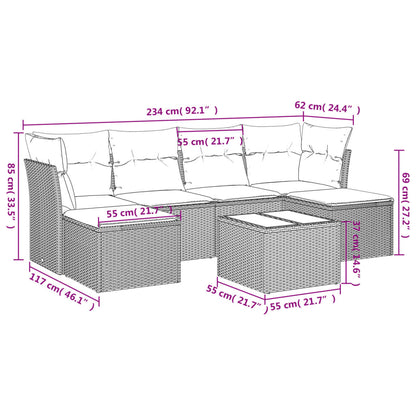 7 pcs conj. sofás jardim com almofadões vime PE cinzento-claro