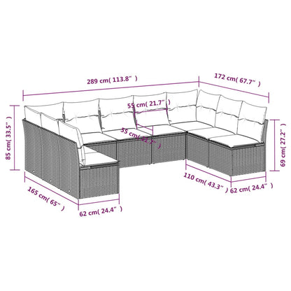 9 pcs conjunto de sofás p/ jardim c/ almofadões vime PE preto