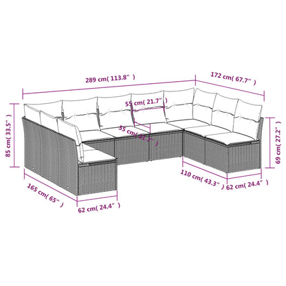 9 pcs conjunto sofás p/ jardim com almofadões vime PE cinzento