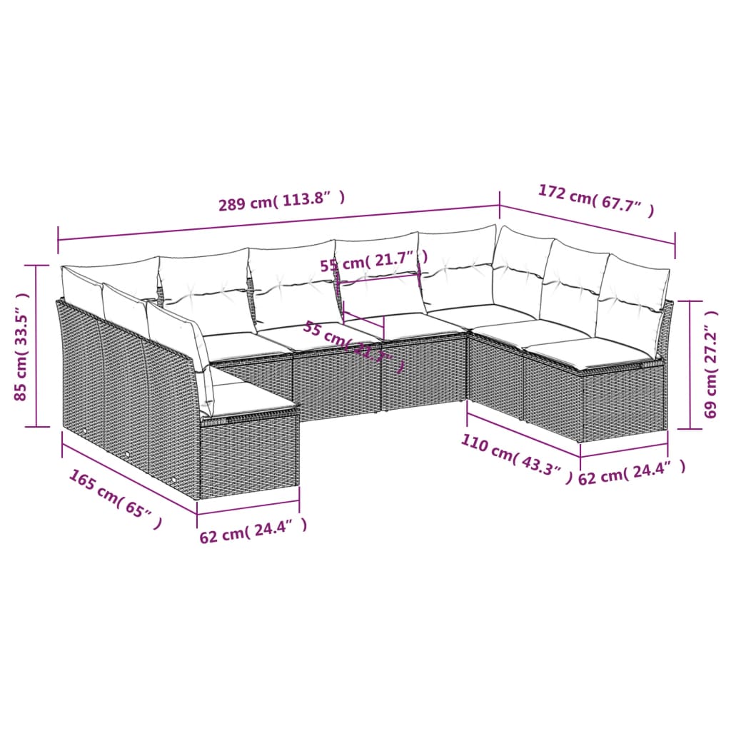 9 pcs conj. sofás jardim com almofadões vime PE cinzento-claro