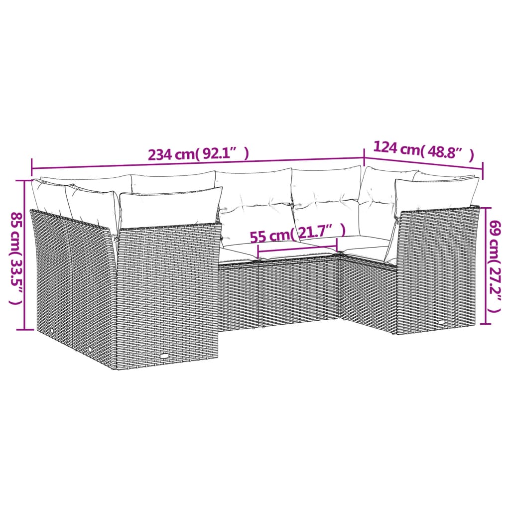 6 pcs conjunto sofás de jardim com almofadões vime cinzento