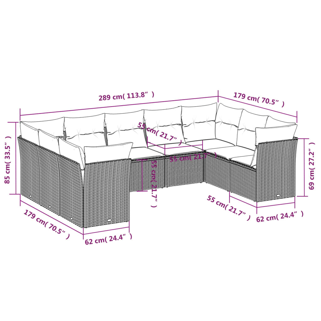 9 pcs conjunto de sofás p/ jardim c/ almofadões vime PE preto