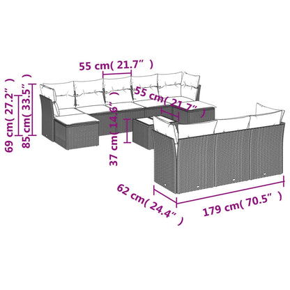 11 pcs conjunto sofás de jardim c/ almofadões vime PE preto