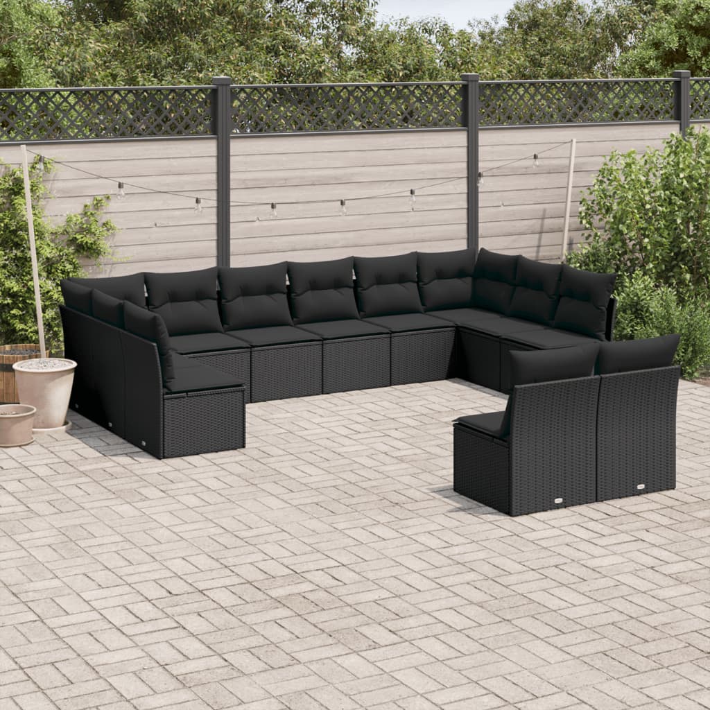 12 pcs conjunto de sofás de jardim c/ almofadões vime PE preto