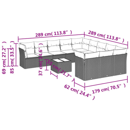 12 pcs conjunto de sofás de jardim c/ almofadões vime PE preto