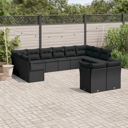 12 pcs conjunto de sofás de jardim c/ almofadões vime PE preto