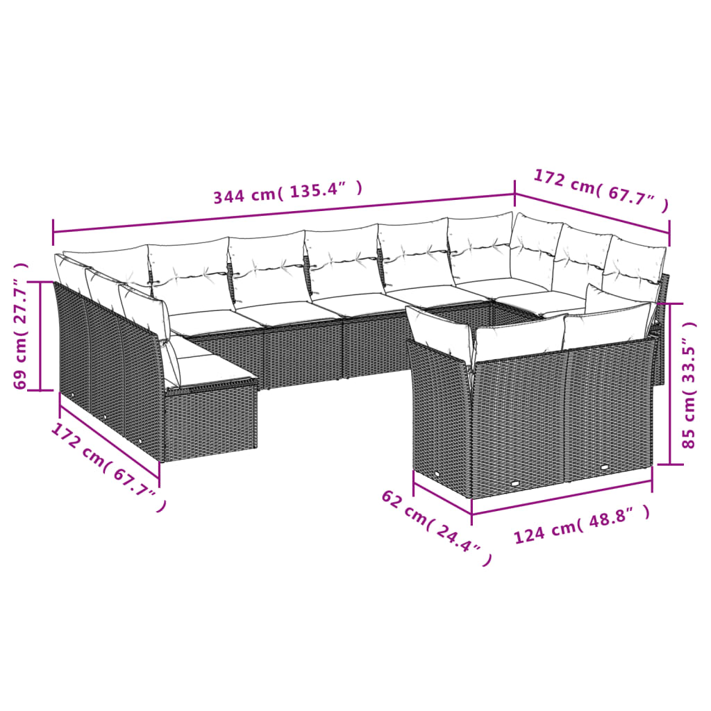 12 pcs conjunto de sofás jardim com almofadões vime PE castanho