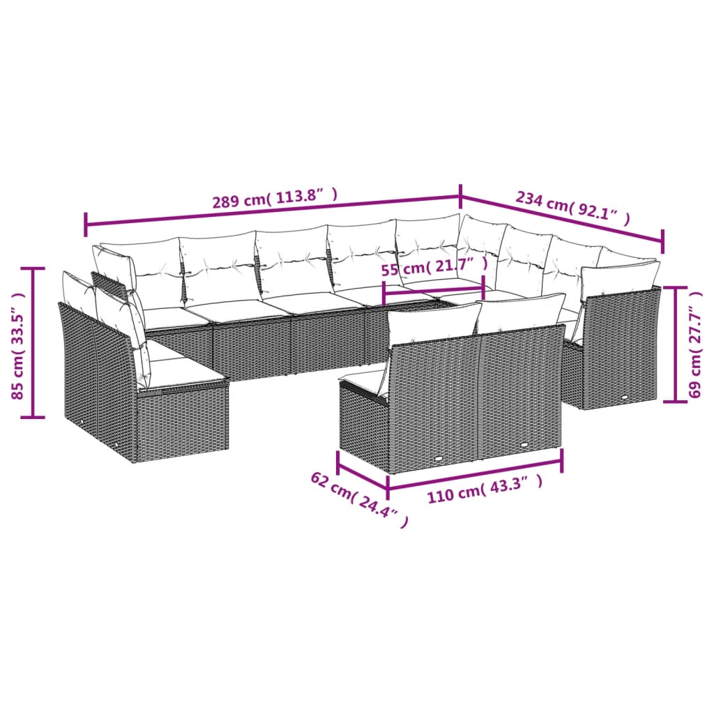 12 pcs conjunto de sofás p/ jardim com almofadões vime PE bege