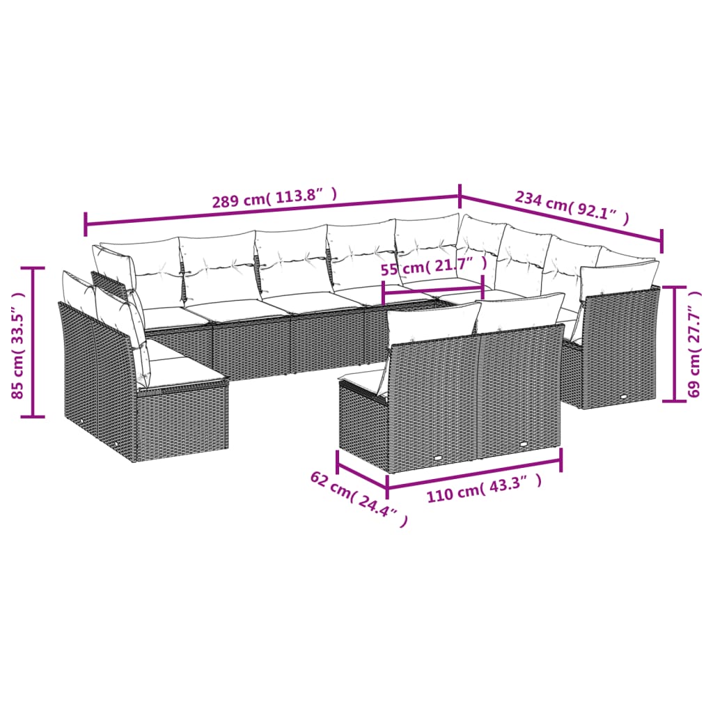 12 pcs conjunto de sofás jardim com almofadões vime PE castanho