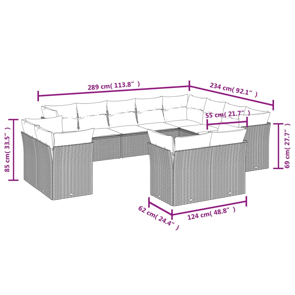 12 pcs conjunto de sofás jardim c/ almofadões vime PE cinzento