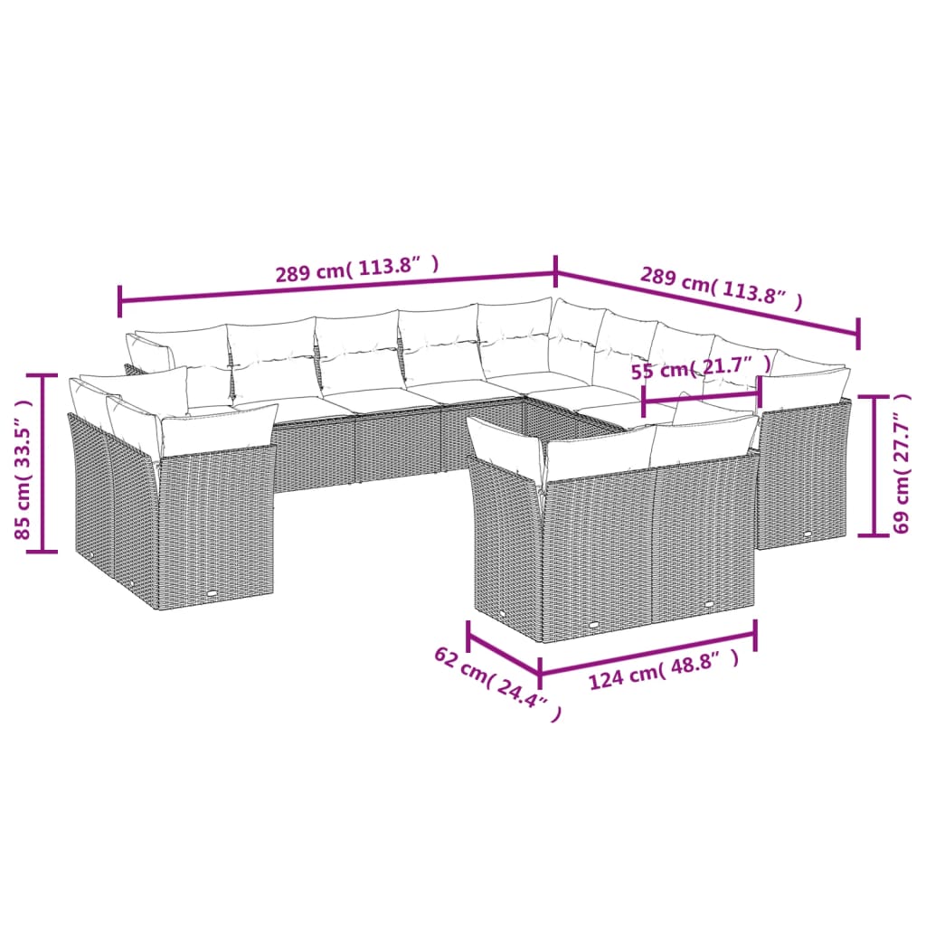 13 pcs conjunto de sofás de jardim com almofadões vime PE preto