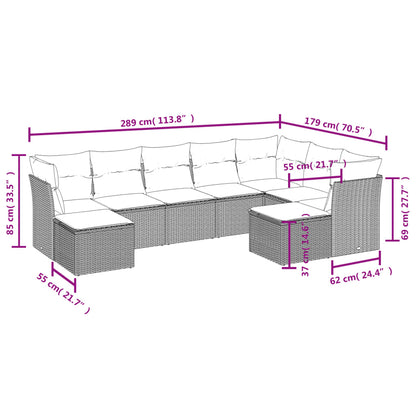 9 pcs conjunto sofás p/ jardim c/ almofadões vime PE castanho