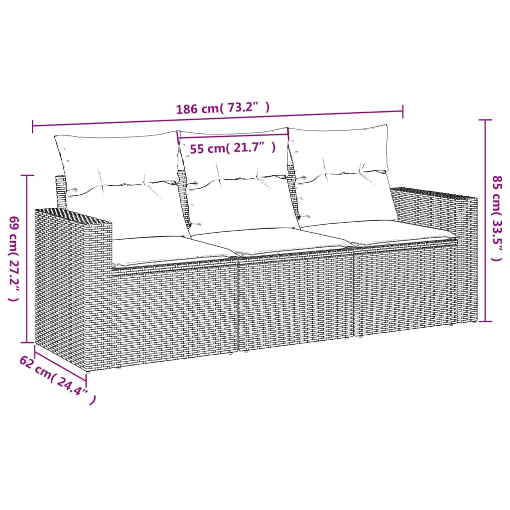 3 pcs conjunto sofás de jardim com almofadões vime PE preto