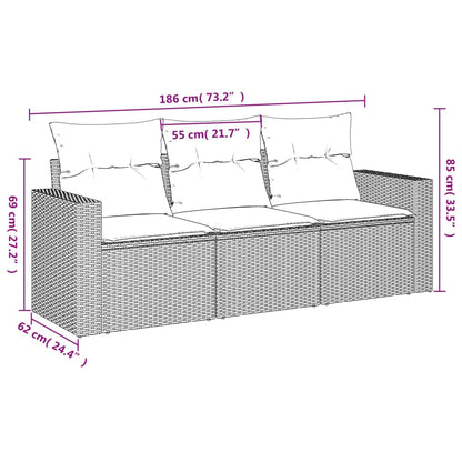 3 pcs conjunto sofás de jardim com almofadões vime PE castanho