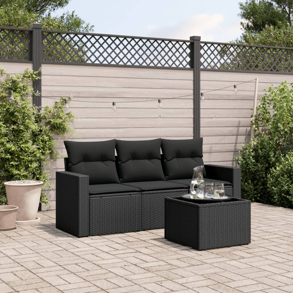 4 pcs conjunto de sofás para jardim c/ almofadões vime PE preto