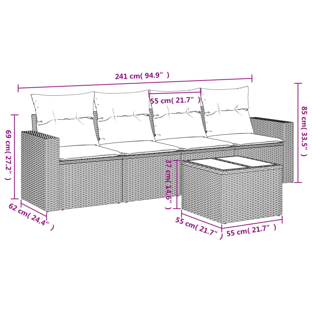 5 pcs conj. sofás jardim c/ almofadões vime PE cinzento-claro