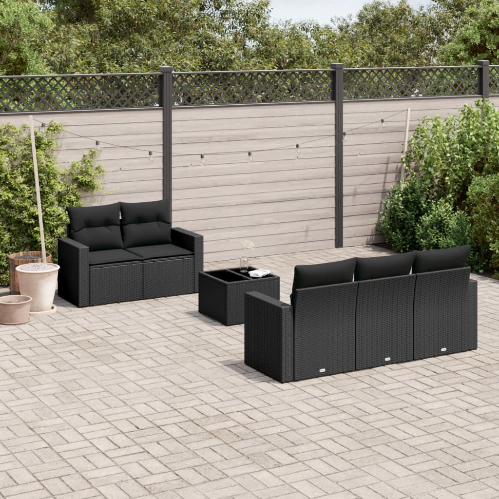 6 pcs conjunto sofás de jardim c/ almofadões vime PE preto