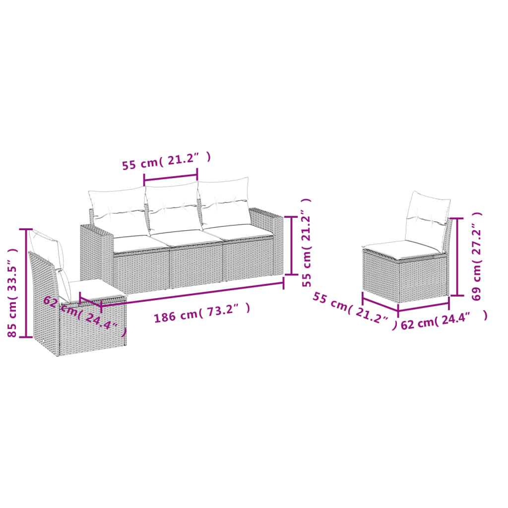 5 pcs conj. sofás jardim c/ almofadões vime PE cinzento-claro