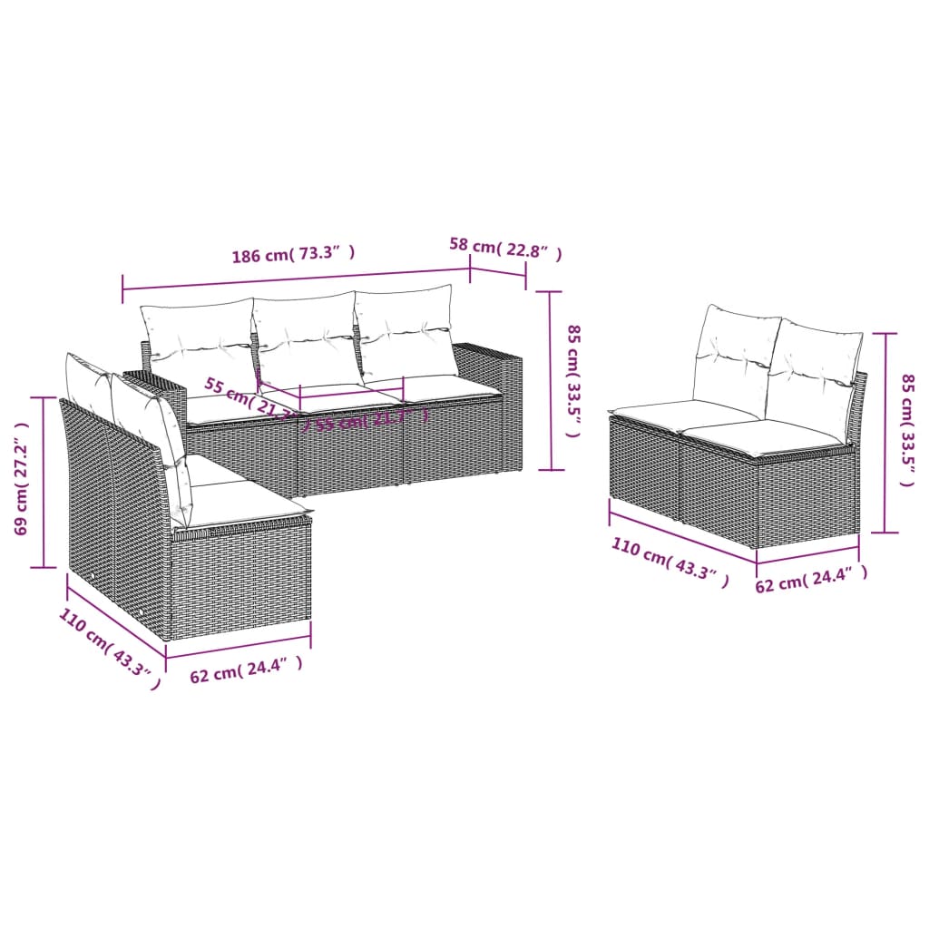 7 pcs conjunto de sofás p/ jardim com almofadões vime PE bege