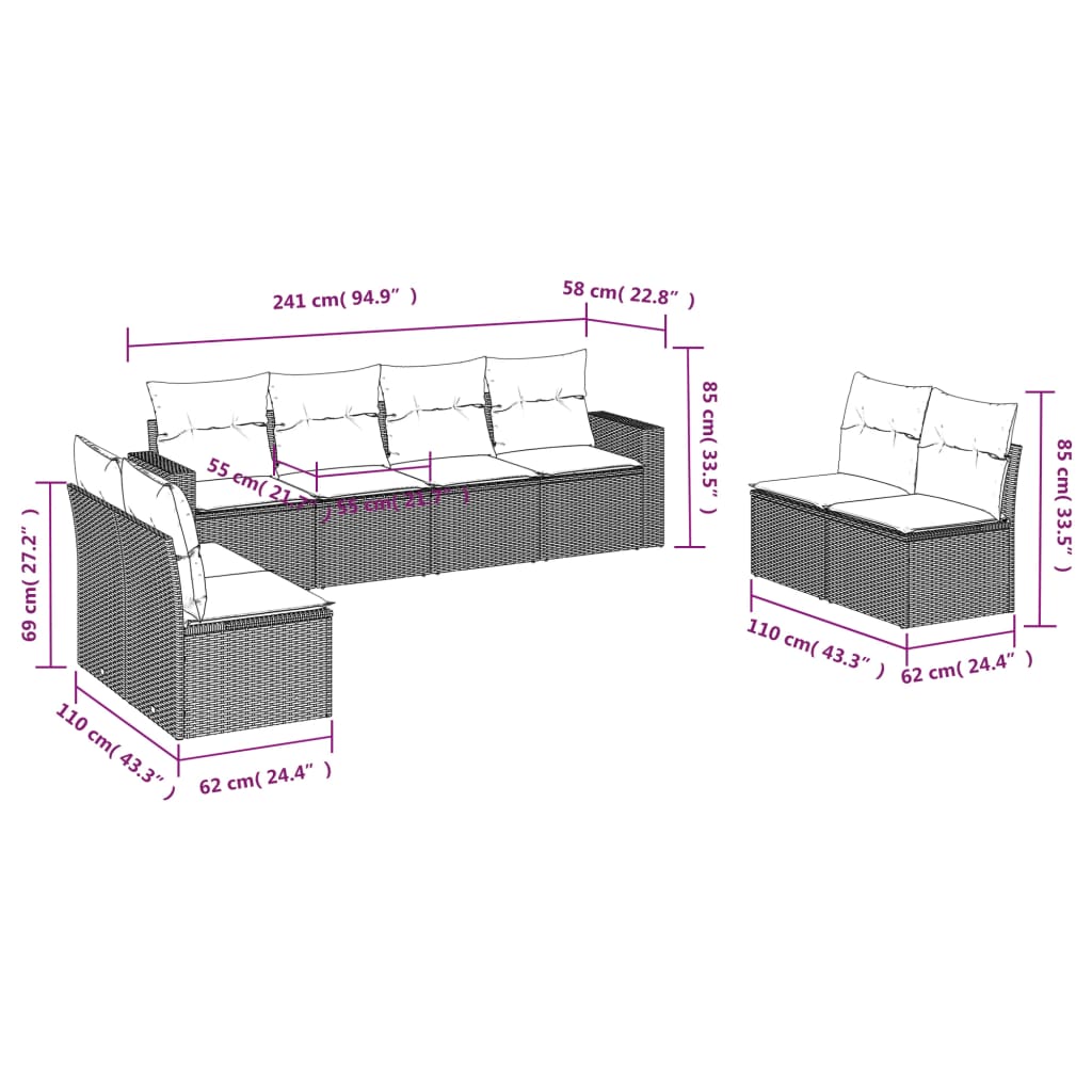 8 pcs conjunto sofás de jardim com almofadões vime PE preto