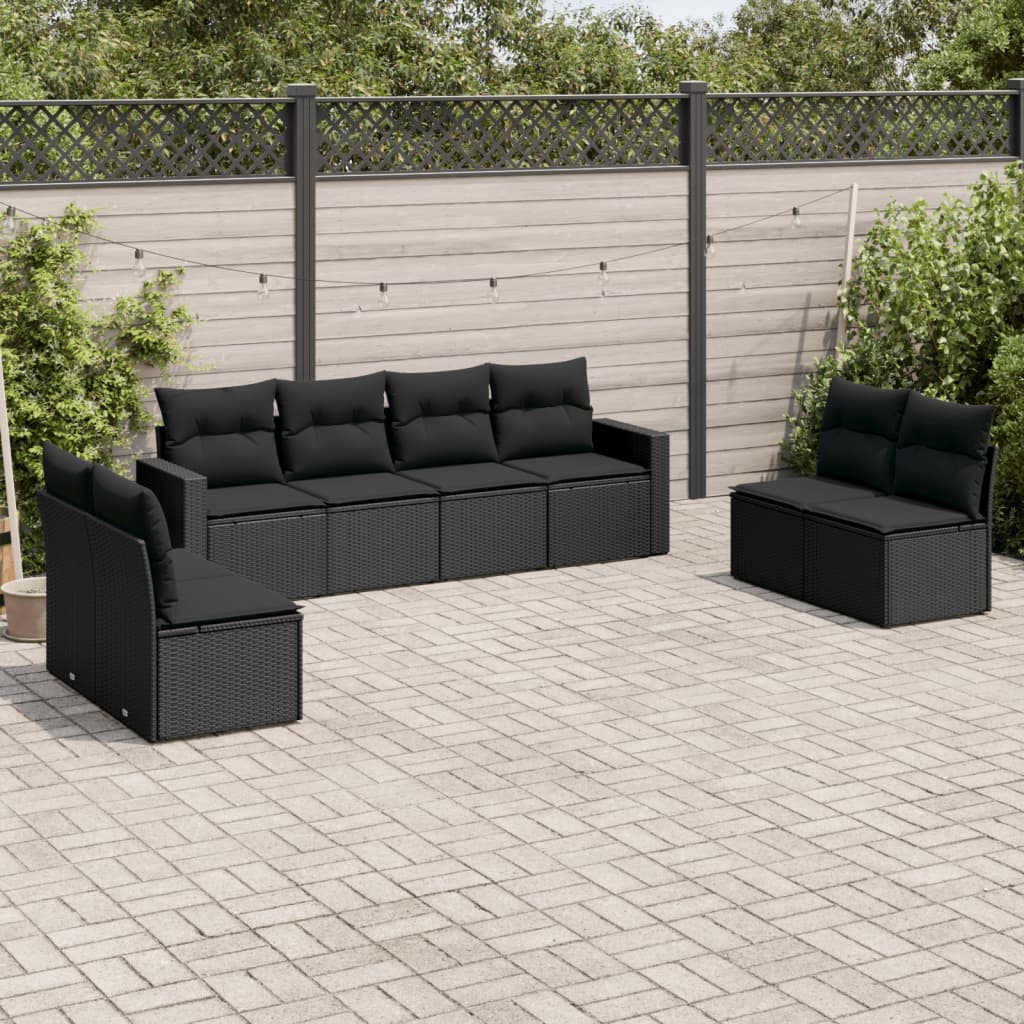 8 pcs conjunto sofás de jardim com almofadões vime PE preto