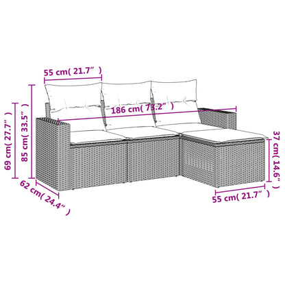 4 pcs conjunto de sofás para jardim c/ almofadões vime PE bege