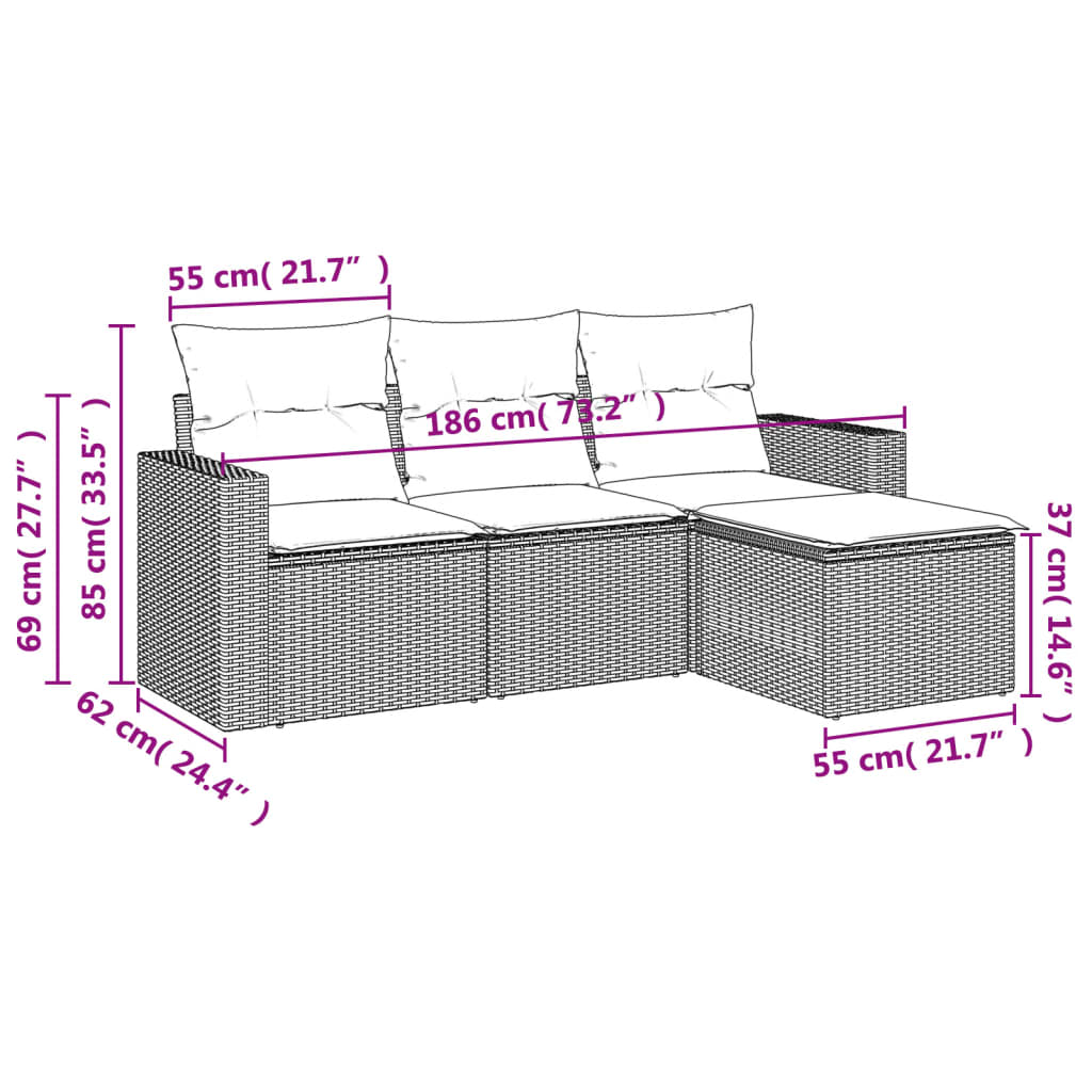 4 pcs conjunto sofás de jardim c/ almofadões vime PE cinzento