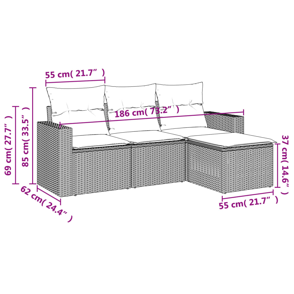 4 pcs conj. sofás jardim c/ almofadões vime PE cinzento-claro