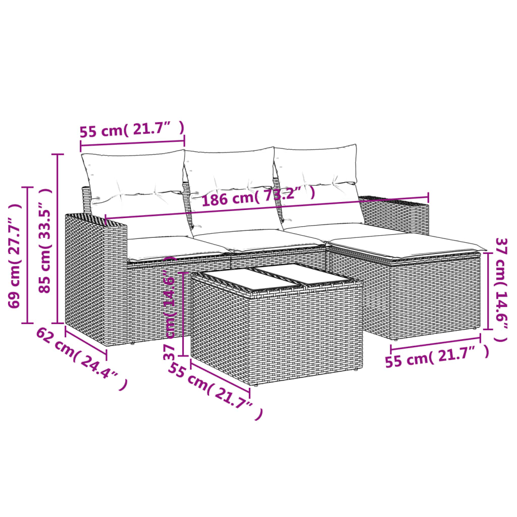 5 pcs conj. sofás jardim c/ almofadões vime PE cinzento-claro